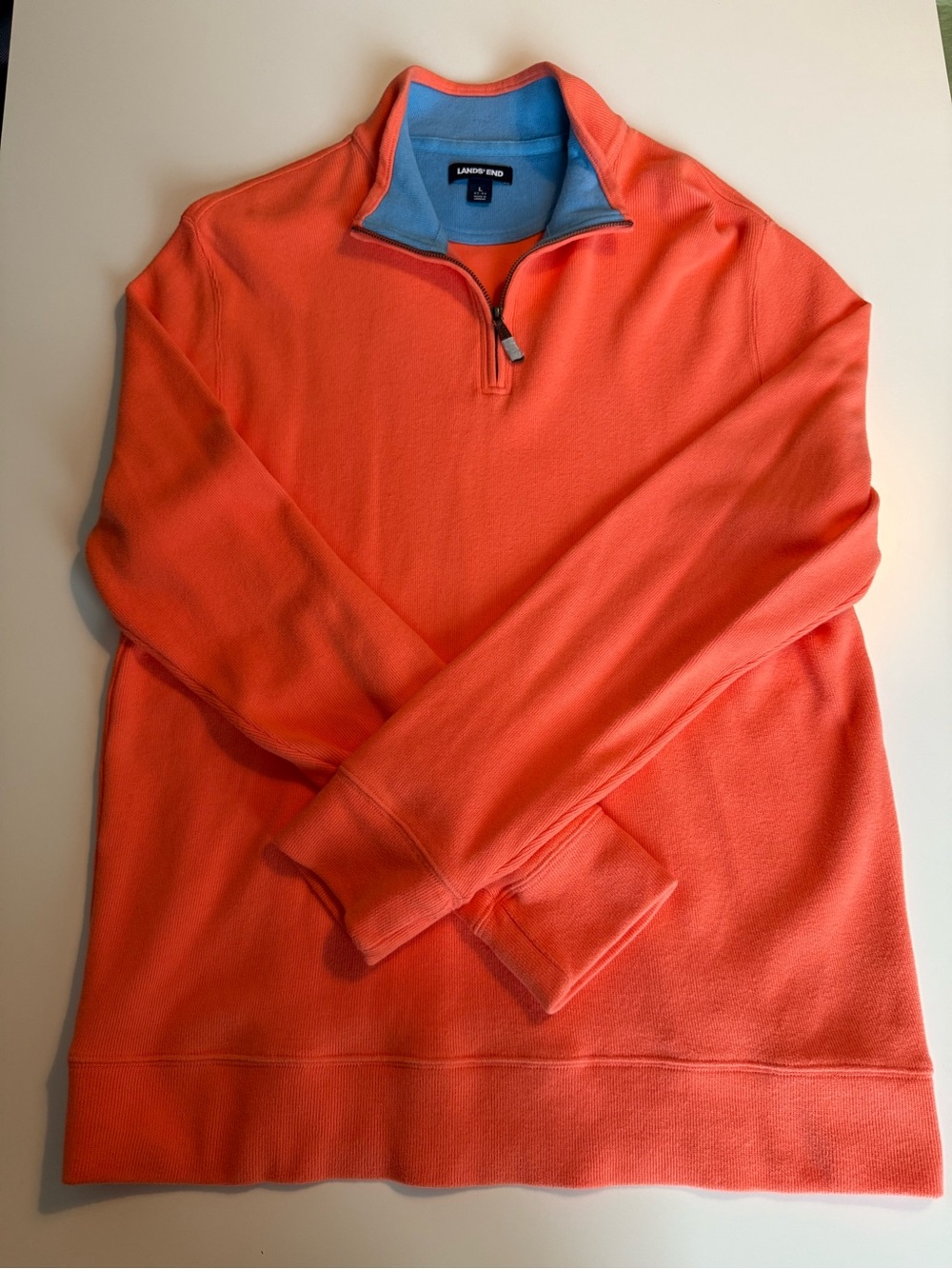 Lands' End Men's Coral Zip-Neck Sweater with Light Blue Collar Size L 0119 NWOT
